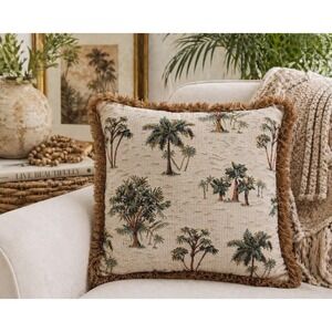 Palm Tree Tapestry Throw Pillow 17x17 Fringe Trim Tropical Coastal Boho Deco VTG